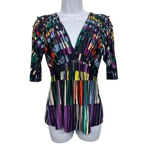BCBGMazAzria Women's size XS InkMulti Slinky Knit Fitted Top w Accent Sleeves